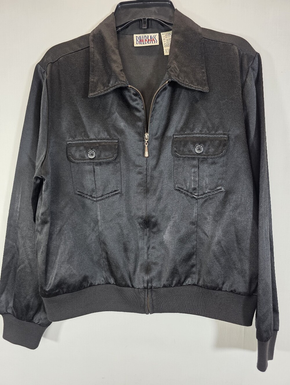 Vintage Bill Blass Jeans Black Satin Bomber Utility Jacket Zip Size L